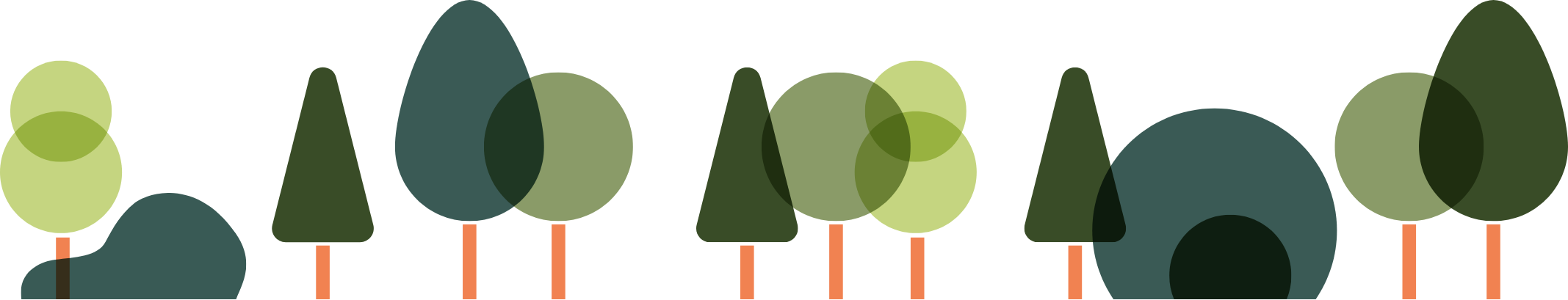 Illustration vieler Bäume und Sträucher in reduzierter Darstellung für den Wohnpark Bayenthal.