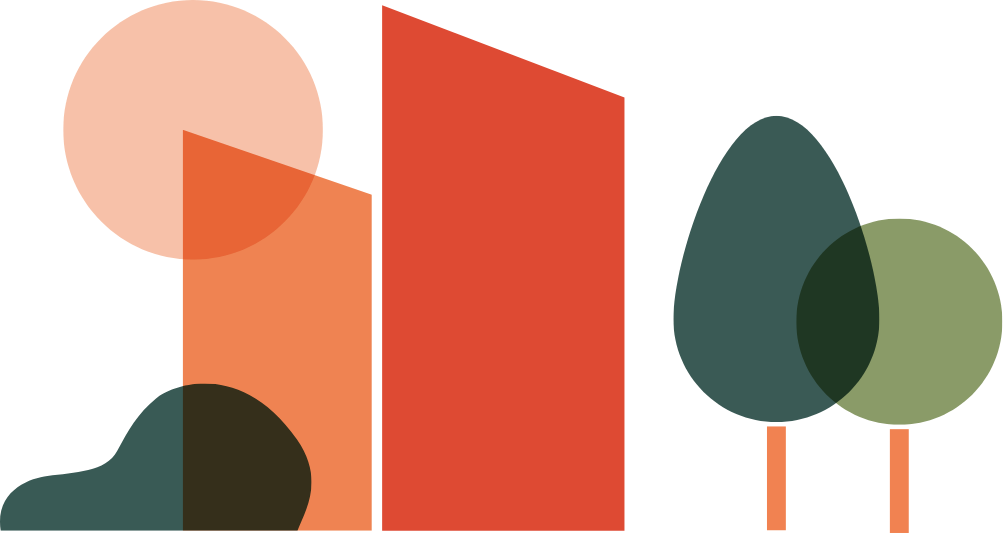 Reduzierte Darstellung der zwei charakteristischen Wohntürme des Wohnpark Bayenthal in orange mit reduziert dargestellten Bäumen und Sträuchern in grün.
